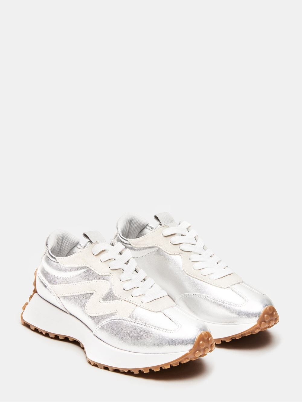 Steve Madden Metallic Silver & Cream Platform Sneakers with Gum Tread - Picture 2 of 12